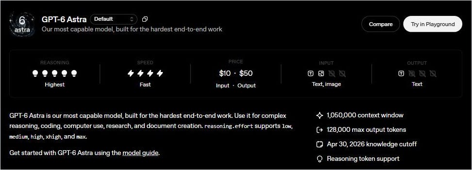OpenAI Astra model listing with its documented capabilities