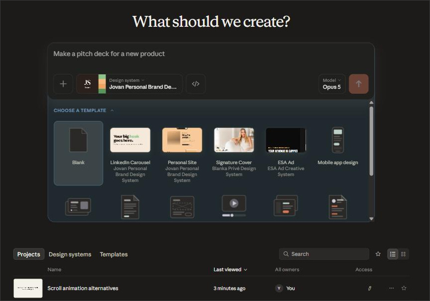 Claude Design home screen with a prompt box, a bound personal brand design system, and a row of templates including LinkedIn Carousel and Personal Site