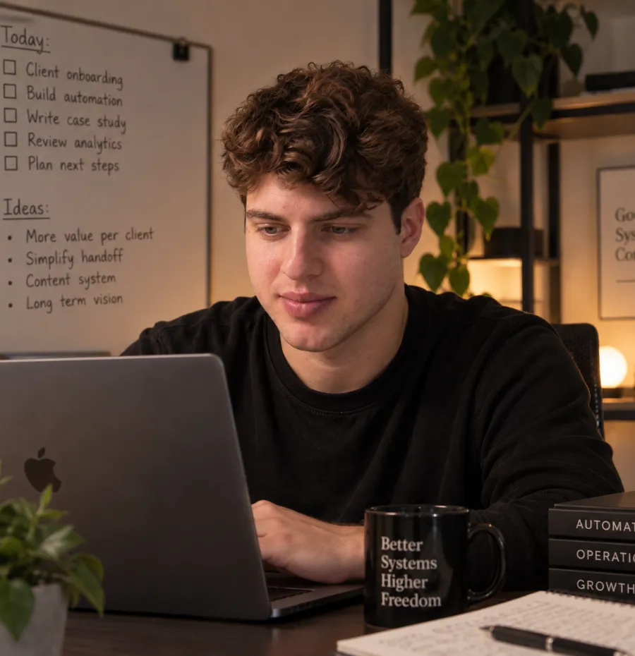 Jovan at his laptop with the day's checklist on the whiteboard behind him