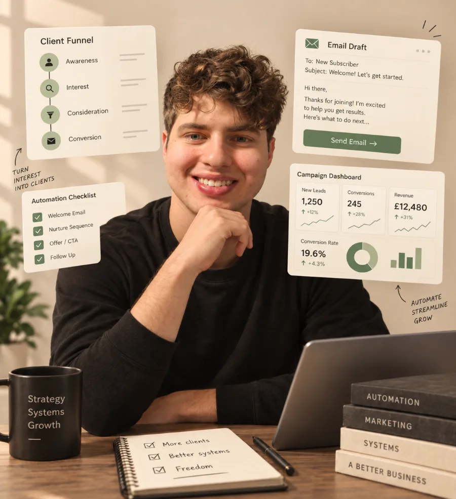 Jovan at his desk surrounded by funnel, email, and campaign dashboard panels
