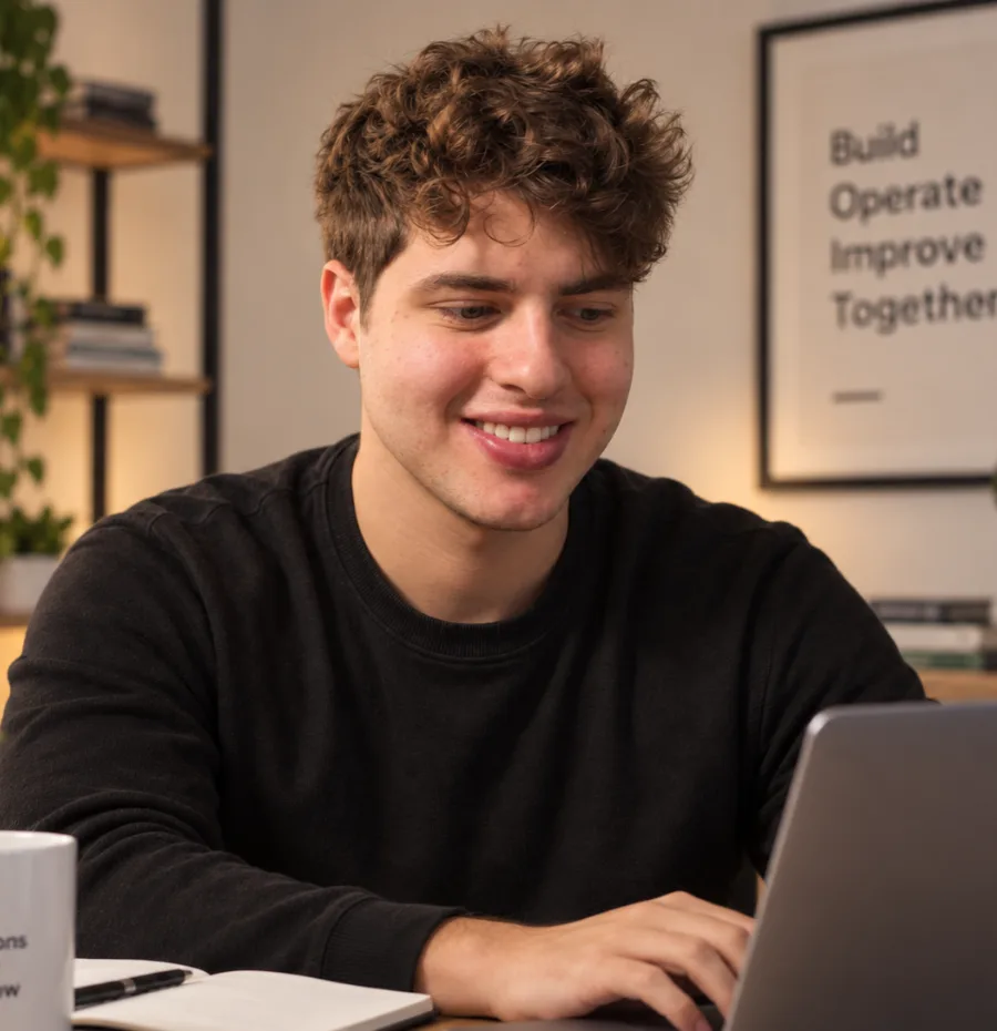 Jovan working at his laptop in his home office