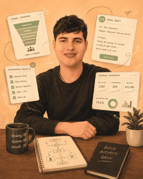Jovan at his desk, working through a funnel plan
