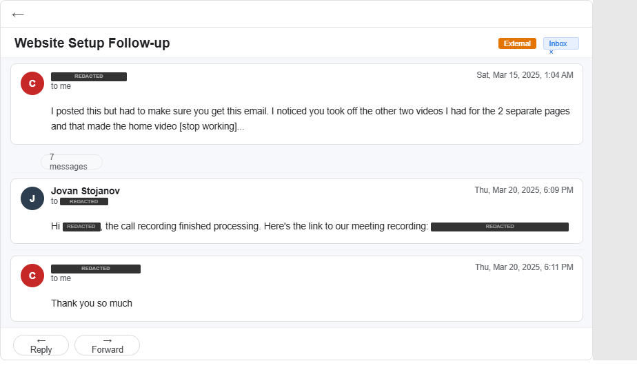Email: Proactively sent meeting recording after website video issue