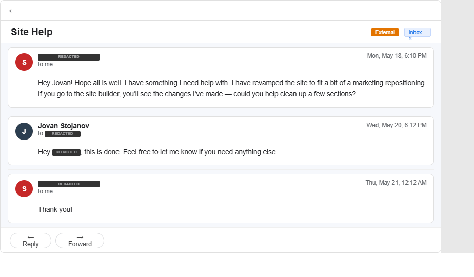 Email: Quick site help turnaround, client replied Thank you