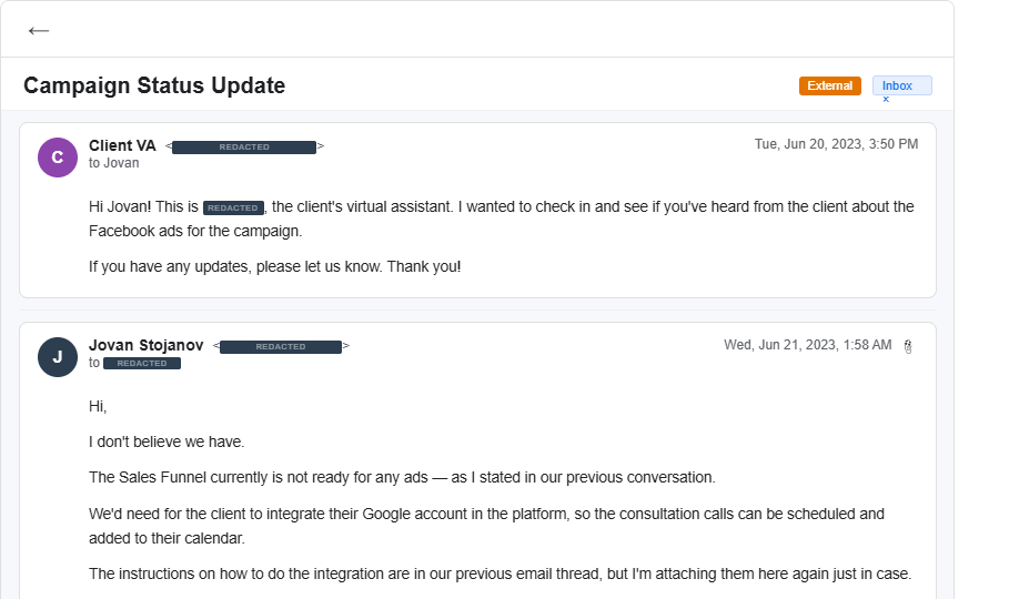 Email: Campaign not ready for ads — set clear expectations and re-sent integration instructions