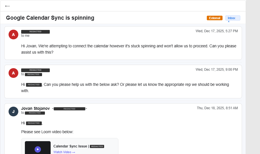 Email: GHL Google Calendar sync stuck spinning — diagnosed and sent Loom walkthrough