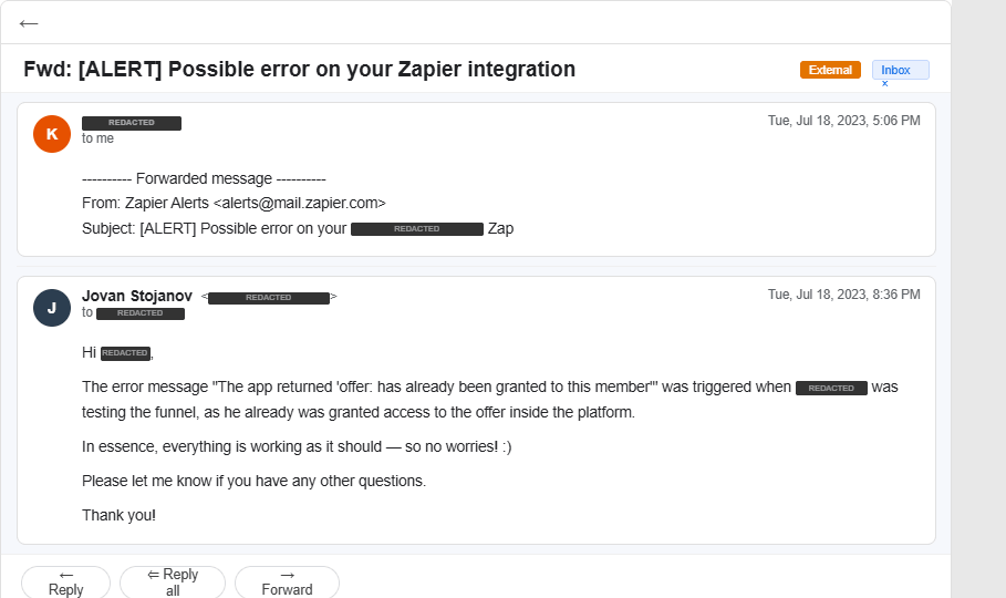 Email: Zapier alert diagnosed as false positive during funnel testing