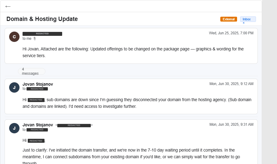 Email: Domain transfer was slow — bought and transferred domain myself to save client time