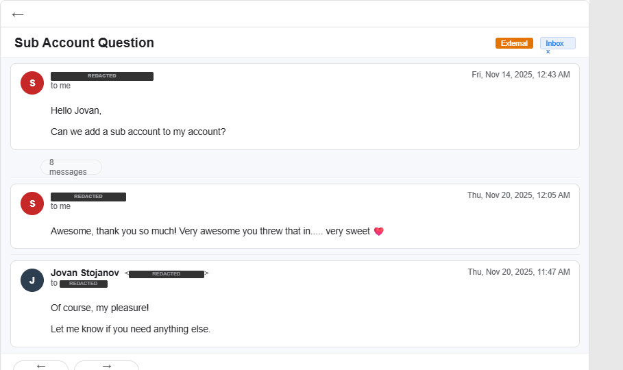 Email: GHL sub-account question answered, threw in something extra — client said very sweet