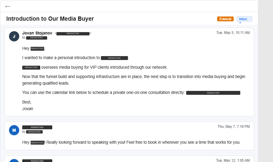 Email: Introduced client to media buyer to move project to next phase