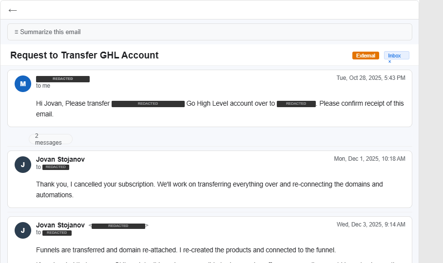 Full GHL transfer — funnels, domain, backend reconnected