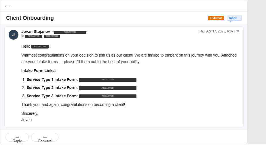 Structured onboarding with three intake form links