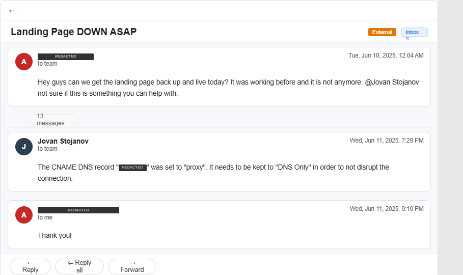 Email: Landing page DOWN ASAP — calmly diagnosed DNS CNAME misconfiguration