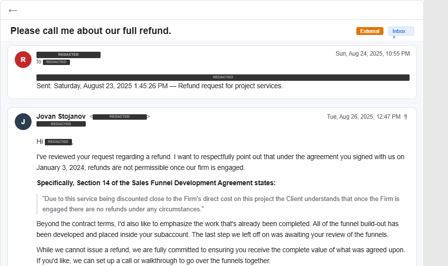 Email: Full refund demand handled professionally — cited contract, kept door open