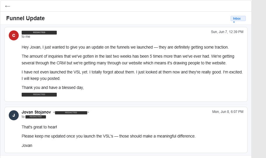 Client email: 5x more inquiries in two weeks since funnel launch